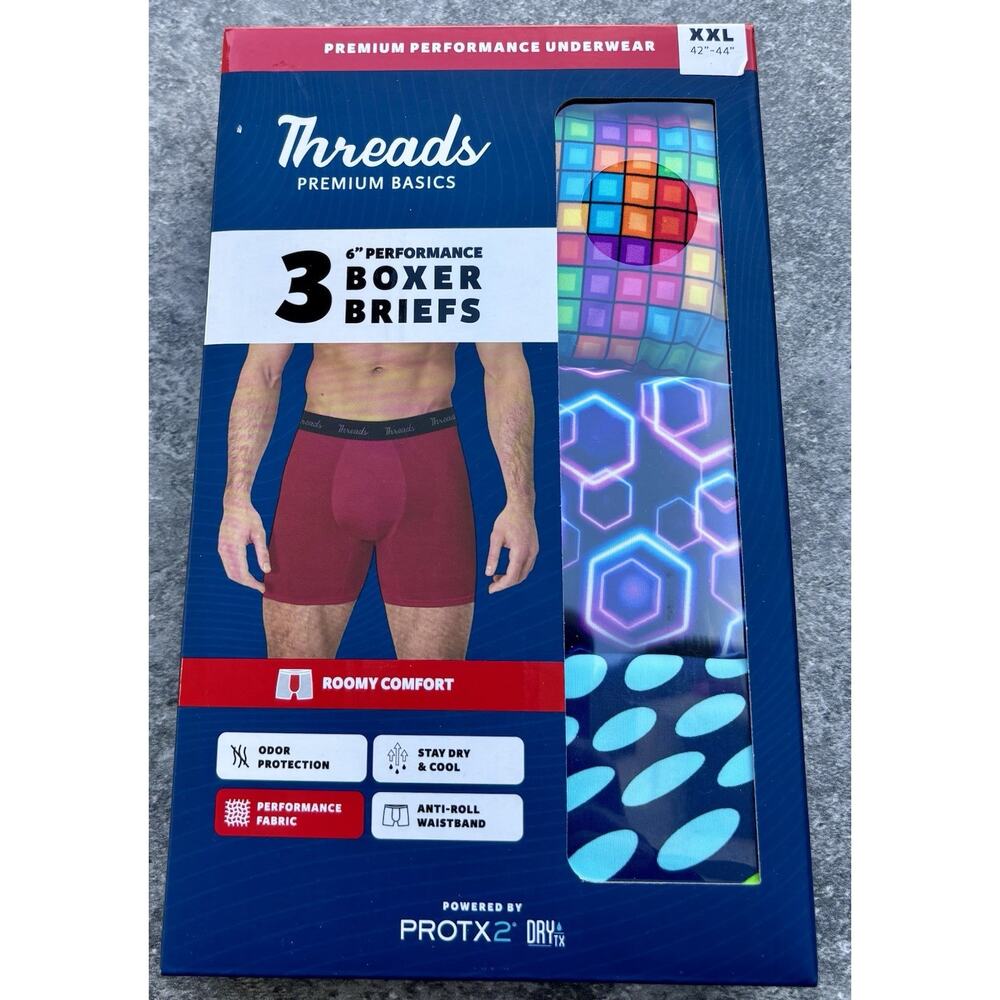 Threads Mens Performance Boxer Briefs 3-Pack 6” Nylon Boxer Brief. Size 2XL